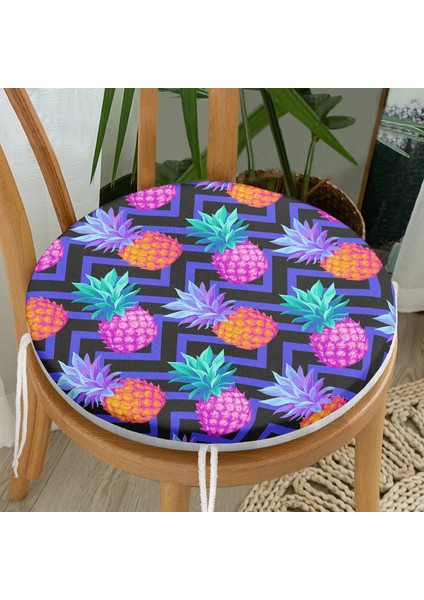 Real Homes Mavi Zikzak Zeminli Ananas Desenli Yuvarlak Fermuarlı Sandalye Minderi