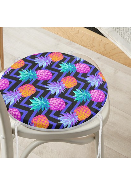 Real Homes Mavi Zikzak Zeminli Ananas Desenli Yuvarlak Fermuarlı Sandalye Minderi