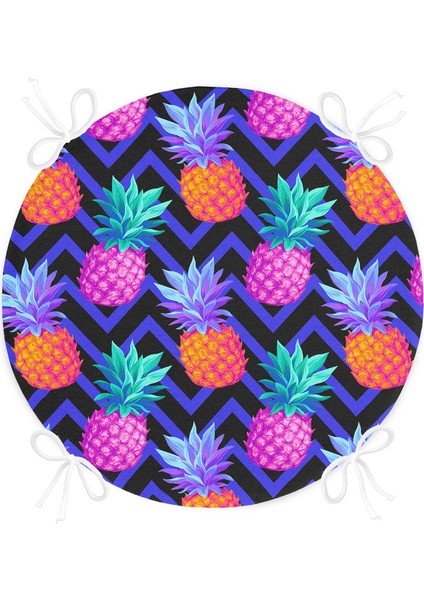 Real Homes Mavi Zikzak Zeminli Ananas Desenli Yuvarlak Fermuarlı Sandalye Minderi