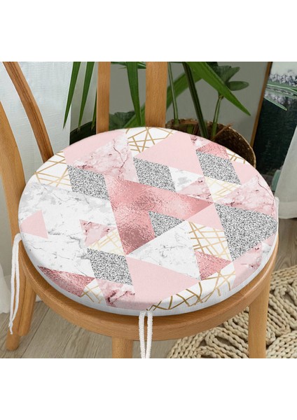 Real Homes Geometrik Pembe ve Gri Mermer Motifli Özel Tasarım Yuvarlak Fermuarlı Sandalye Minderi