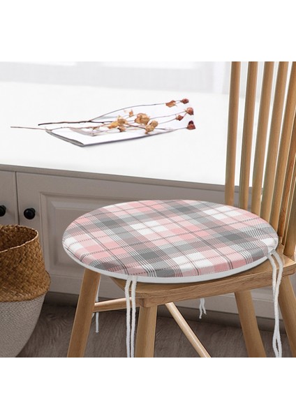 Real Homes Pembe Gri Ekose Desenli Yuvarlak Fermuarlı Sandalye Minderi