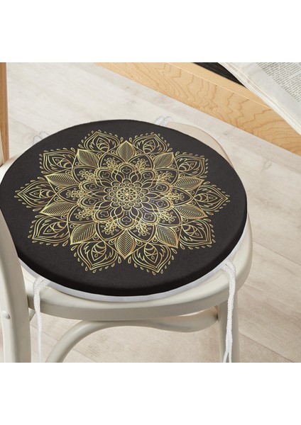 Real Homes Siyah Zeminde Gold Mandala Motifli Yuvarlak Fermuarlı Sandalye Minderi