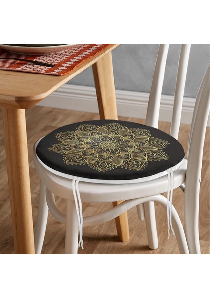Real Homes Siyah Zeminde Gold Mandala Motifli Yuvarlak Fermuarlı Sandalye Minderi fiyatları