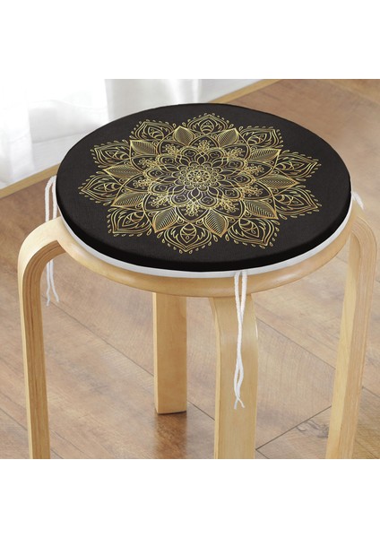 Real Homes Siyah Zeminde Gold Mandala Motifli Yuvarlak Fermuarlı Sandalye Minderi modelleri