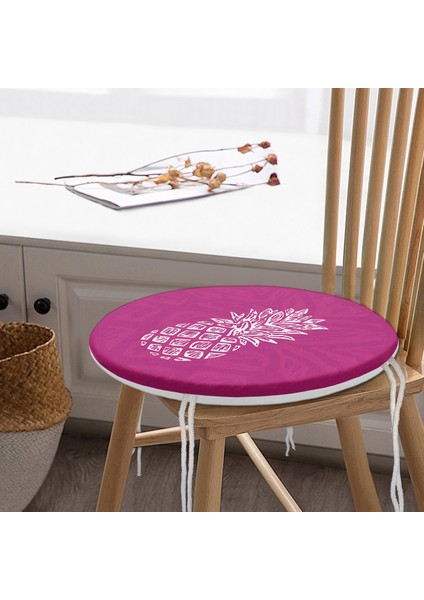 Real Homes Fuşya Zeminde Ananas Desenli Modern Tasarım Yuvarlak Fermuarlı Sandalye Minderi