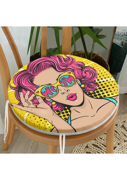 Real Homes Sarı Zeminli Pop Art Girl Desenli Yuvarlak Fermuarlı Sandalye Minderi
