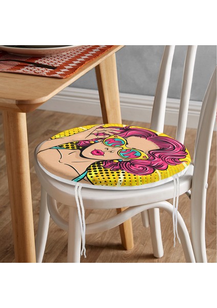 Real Homes Sarı Zeminli Pop Art Girl Desenli Yuvarlak Fermuarlı Sandalye Minderi fiyatları