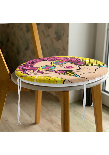 Real Homes Sarı Zeminli Pop Art Girl Desenli Yuvarlak Fermuarlı Sandalye Minderi modelleri