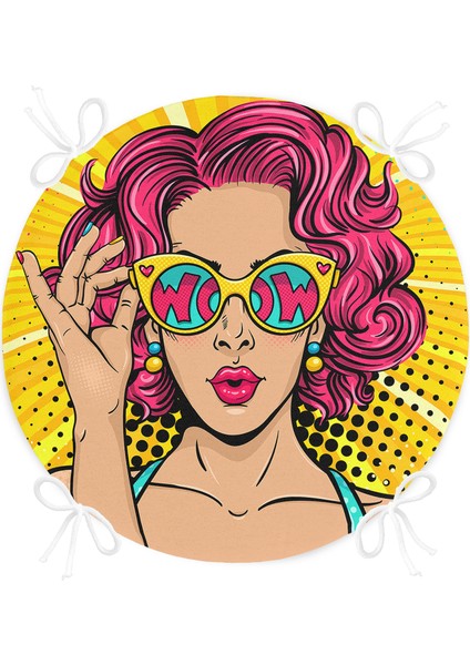 Real Homes Sarı Zeminli Pop Art Girl Desenli Yuvarlak Fermuarlı Sandalye Minderi fırsatları