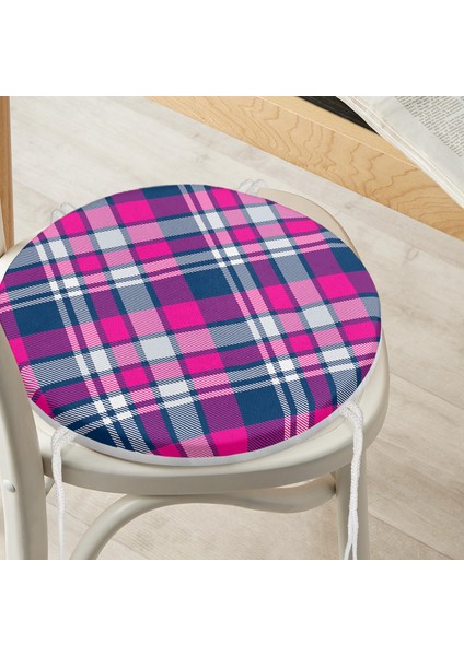 Real Homes Pembe Lacivert Ekose Desenli Yuvarlak Fermuarlı Sandalye Minderi