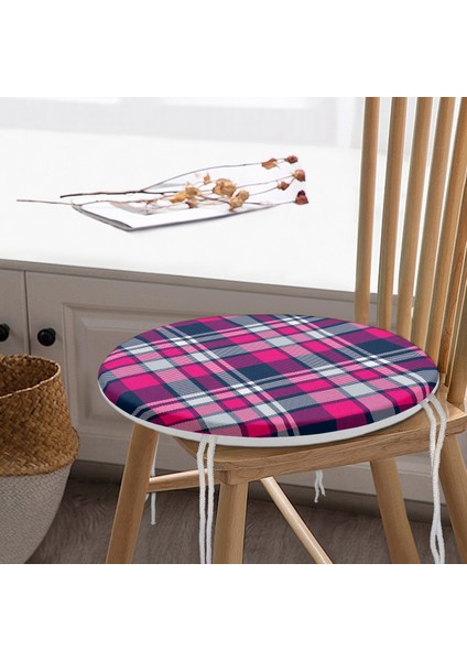 Real Homes Pembe Lacivert Ekose Desenli Yuvarlak Fermuarlı Sandalye Minderi