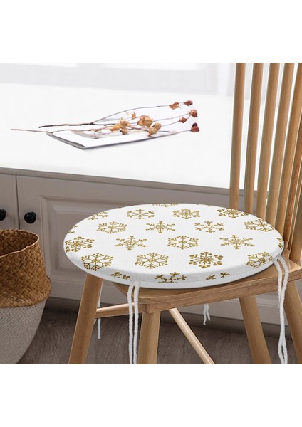 Real Homes Beyaz Zeminde Gold Renkli Kar Tanesi Desenli Dijital Baskılı Modern Yuvarlak Fermuarlı Sandalye Minderi