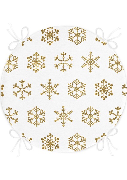 Real Homes Beyaz Zeminde Gold Renkli Kar Tanesi Desenli Dijital Baskılı Modern Yuvarlak Fermuarlı Sandalye Minderi