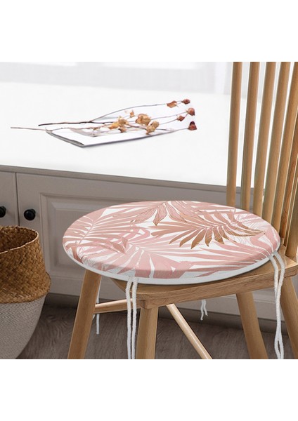 Real Homes Pembe Tropik Yaprak Motifli Özel Tasarım Dijital Baskılı Yuvarlak Fermuarlı Sandalye Minderi