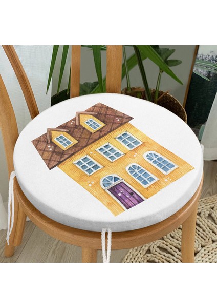 Real Homes Minyatür Sarı Ev Çizimli Dijital Baskılı Yuvarlak Fermuarlı Sandalye Minderi