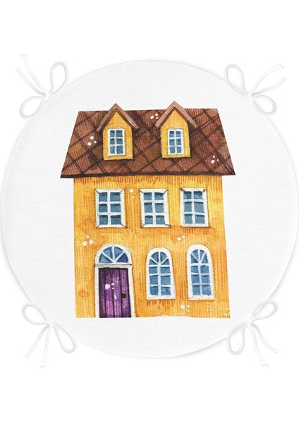 Real Homes Minyatür Sarı Ev Çizimli Dijital Baskılı Yuvarlak Fermuarlı Sandalye Minderi