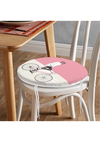 Real Homes Pembe Krem Zemin Bisikletli Adam Motifli Yuvarlak Fermuarlı Sandalye Minderi