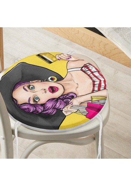 Real Homes Pop Art Resimli Dijital Baskılı Yuvarlak Fermuarlı Sandalye Minderi