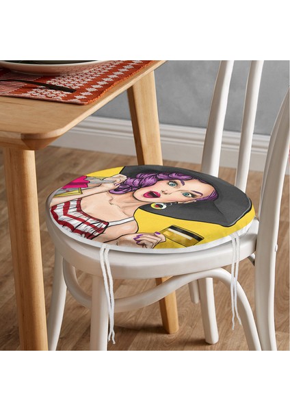Real Homes Pop Art Resimli Dijital Baskılı Yuvarlak Fermuarlı Sandalye Minderi