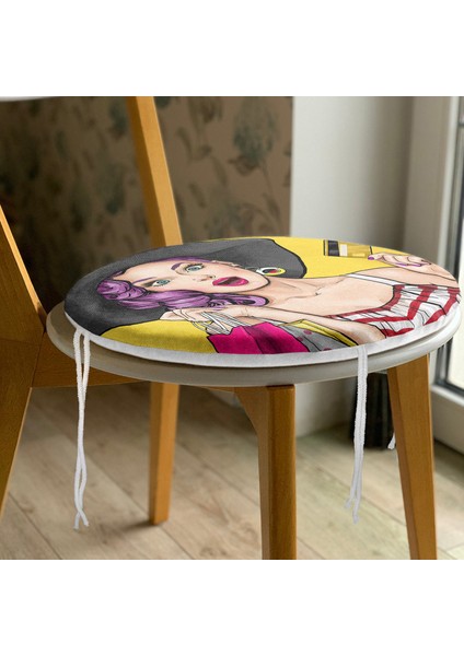 Real Homes Pop Art Resimli Dijital Baskılı Yuvarlak Fermuarlı Sandalye Minderi