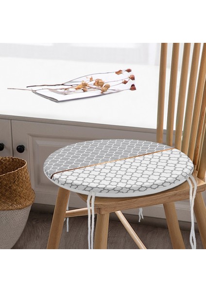 Real Homes Gri & Beyaz Ogea Desenli Dijital Baskılı Yuvarlak Fermuarlı Sandalye Minderi