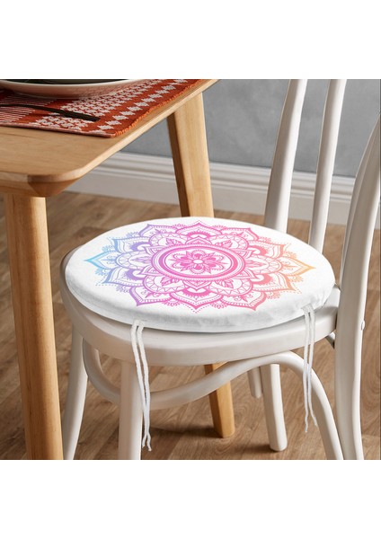 Real Homes Beyaz Zeminde Pembe Mavi Mandala Desenli Özel Tasarım Yuvarlak Fermuarlı Sandalye Minderi