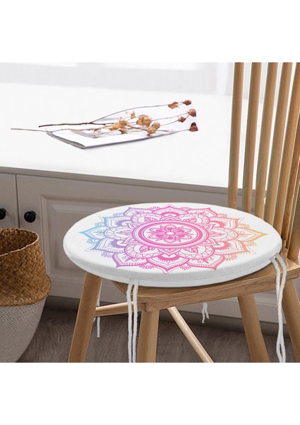 Real Homes Beyaz Zeminde Pembe Mavi Mandala Desenli Özel Tasarım Yuvarlak Fermuarlı Sandalye Minderi modelleri