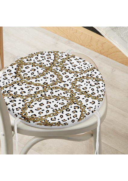 Real Homes Leopar ve Zincir Desenli Özel Tasarım Dijital Baskılı Modern Yuvarlak Fermuarlı Sandalye Minderi