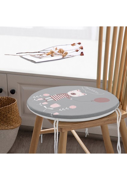 Real Homes Gri Zeminde Balon ve Ayıcık Desenli Bebek Odası Yuvarlak Fermuarlı Sandalye Minderi