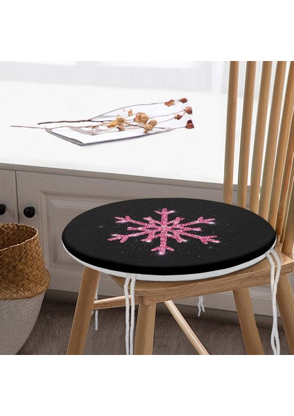 Real Homes Siyah Zeminli Pembe Renkli Kar Tanesi Desenli Dijital Baskılı Modern Yuvarlak Fermuarlı Sandalye Minderi