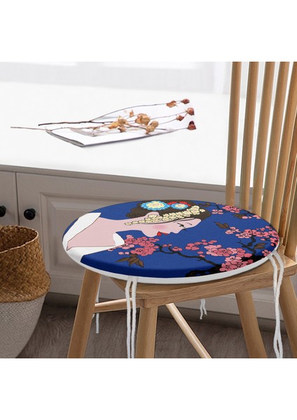 Real Homes Çiçek Motifli Japon Kız Desenli Yuvarlak Fermuarlı Sandalye Minderi modelleri