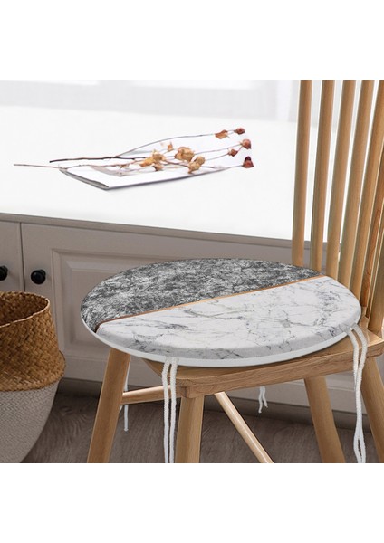 Real Homes Siyah & Beyaz Mermer Tasarımlı Dijital Baskılı Yuvarlak Fermuarlı Sandalye Minderi modelleri