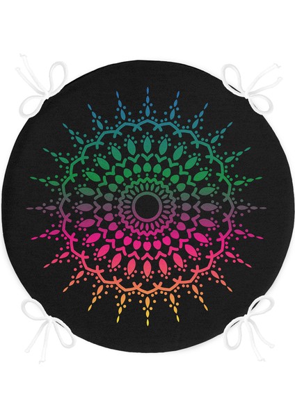 Real Homes Siyah Zeminde Pembe Yeşil Mandala Motifli Yuvarlak Fermuarlı Sandalye Minderi