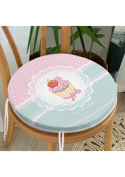 Real Homes Cup Cake Dijital Baskılı Yuvarlak Fermuarlı Sandalye Minderi