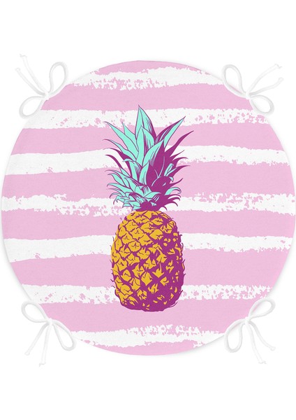 Real Homes Canlı Renkli Ananas Motifli Dijital Baskılı Yuvarlak Fermuarlı Sandalye Minderi