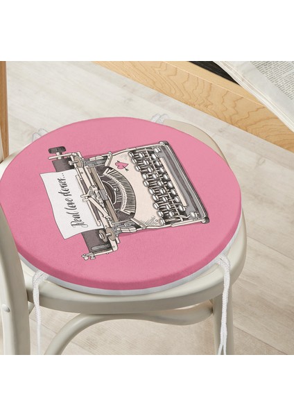 Real Homes Pembe Zemin Daktilo Tasarımlı Dijital Baskılı Modern Yuvarlak Fermuarlı Sandalye Minderi