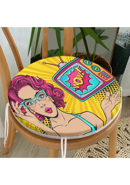 Real Homes Pop Art Wow Desenli Özel Tasarım Yuvarlak Fermuarlı Sandalye Minderi