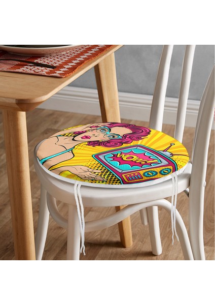 Real Homes Pop Art Wow Desenli Özel Tasarım Yuvarlak Fermuarlı Sandalye Minderi fiyatları