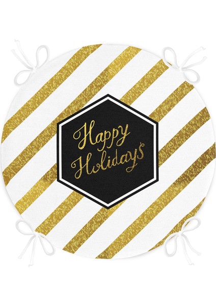 Real Homes Beyaz Zemin Üzerinde Gold Detaylı Happy Holidays Yazılı Dijital Baskılı Modern Yuvarlak Fermuarlı Sandalye Minderi fırsatları