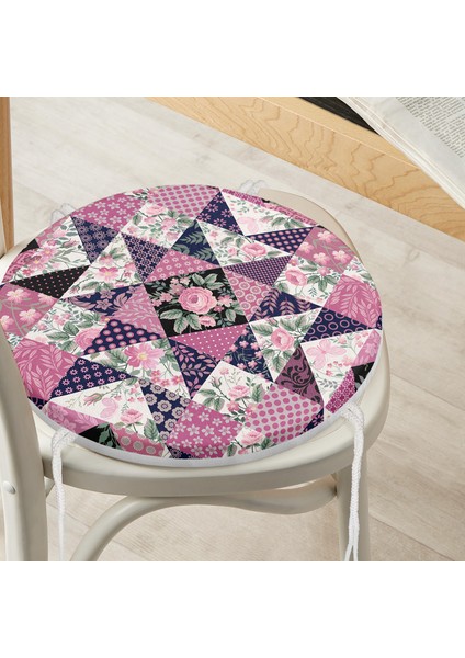 Real Homes Mürdüm Renk Patchwork Desenli Yuvarlak Fermuarlı Sandalye Minderi