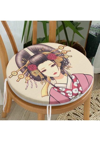 Real Homes Masum Baskan Japon Kız Motifli Modern Yuvarlak Fermuarlı Sandalye Minderi