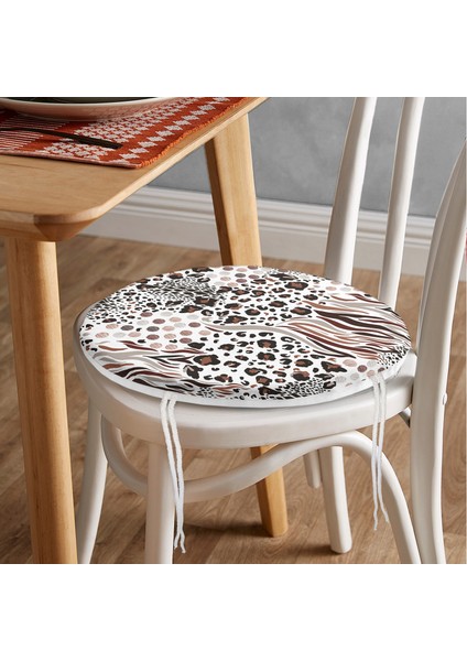 Real Homes Leopar Dijital Baskılı Ikat Desenli Modern Yuvarlak Fermuarlı Sandalye Minderi