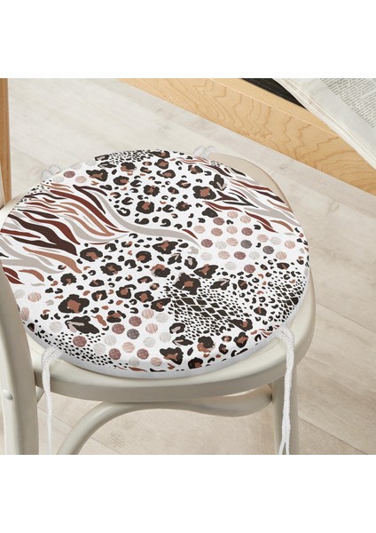 Real Homes Leopar Dijital Baskılı Ikat Desenli Modern Yuvarlak Fermuarlı Sandalye Minderi