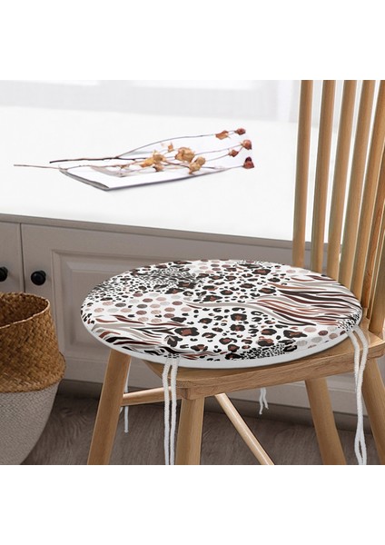 Real Homes Leopar Dijital Baskılı Ikat Desenli Modern Yuvarlak Fermuarlı Sandalye Minderi