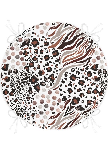 Real Homes Leopar Dijital Baskılı Ikat Desenli Modern Yuvarlak Fermuarlı Sandalye Minderi