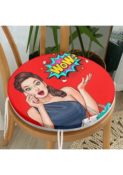 Real Homes Kırmızı Zeminli Popart Wow Desenli Modern Yuvarlak Fermuarlı Sandalye Minderi