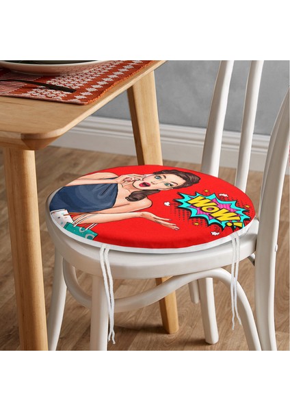 Real Homes Kırmızı Zeminli Popart Wow Desenli Modern Yuvarlak Fermuarlı Sandalye Minderi fiyatları