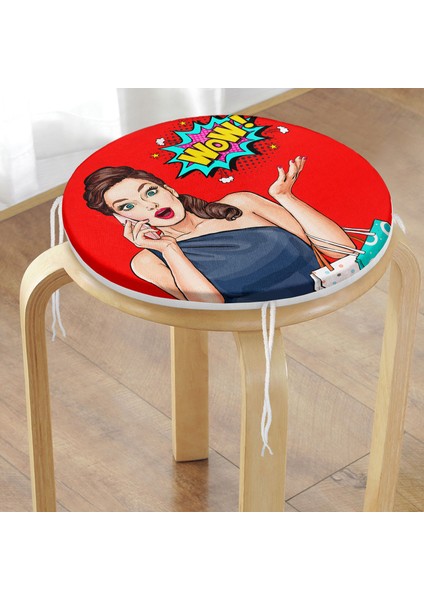 Real Homes Kırmızı Zeminli Popart Wow Desenli Modern Yuvarlak Fermuarlı Sandalye Minderi modelleri