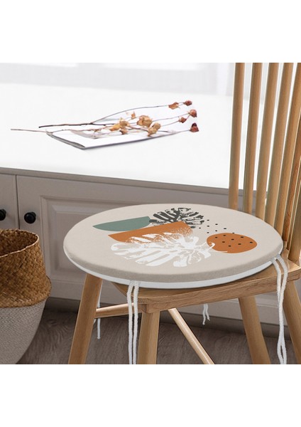 Real Homes Pastel Zeminli Yaprak Desenli Dijital Baskılı Modern Yuvarlak Fermuarlı Sandalye Minderi