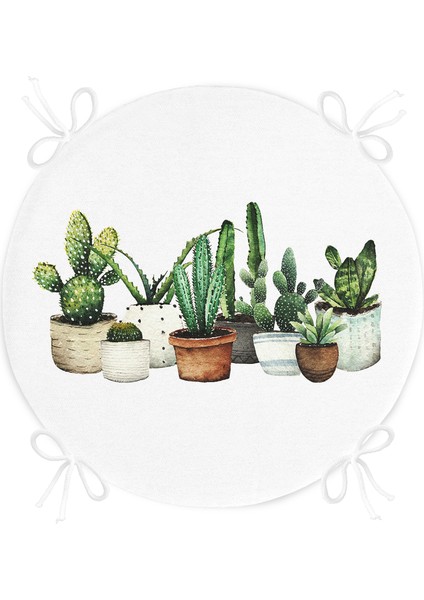 Real Homes Beatiful Cactus Dijital Baskılı Yuvarlak Fermuarlı Sandalye Minderi